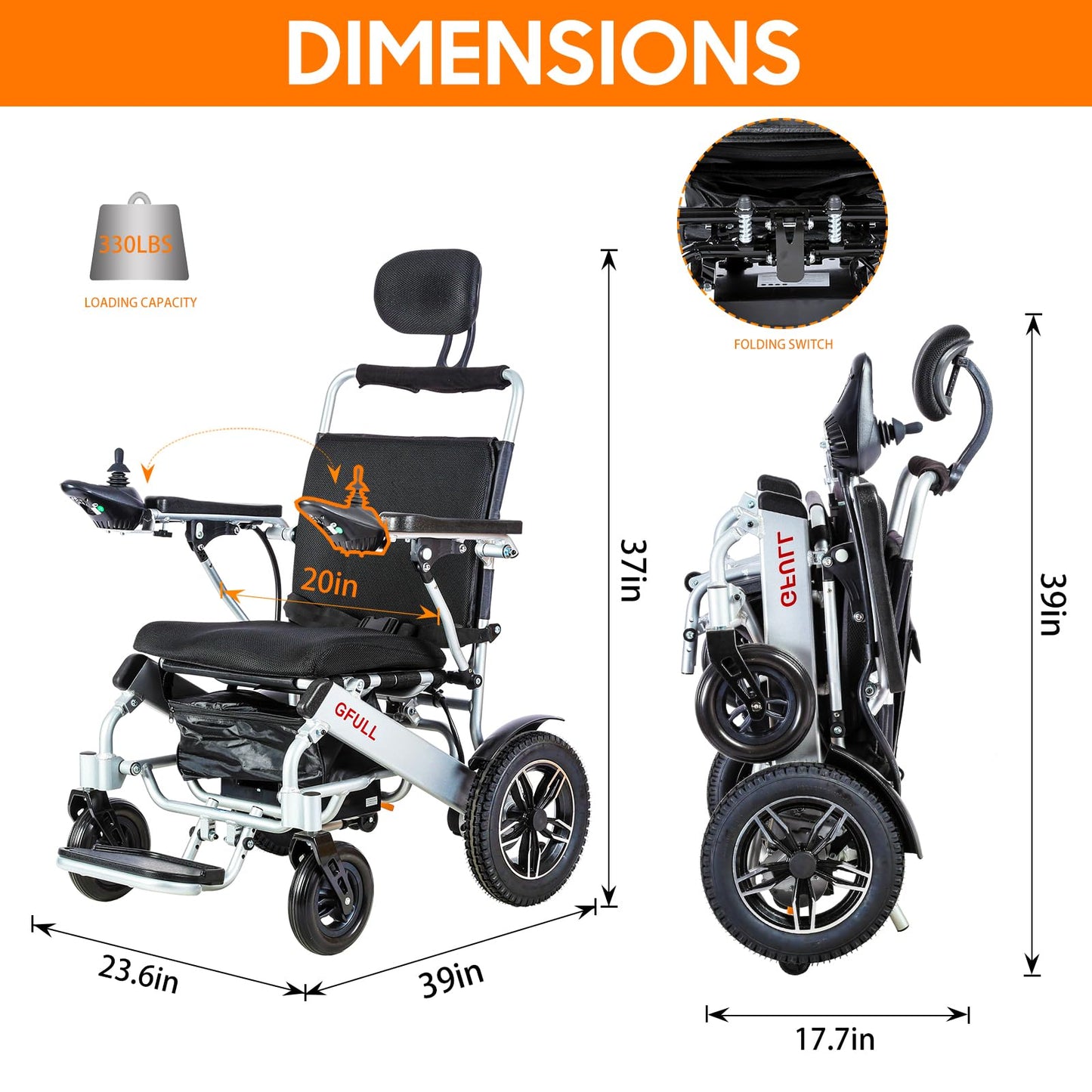 Electric Wheelchairs for Adults, Heavy Duty 66lbs 20" Wider Seat Aluminum Foldable Motorized Wheelchair with 12Ah Batteries & Dual Motors, 20 Miles Long Range 330 lbs Large Tire for Home, Park