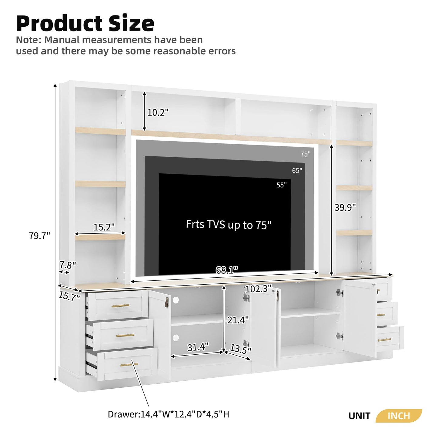 Merax 102.3 Inch Wide Farmhouse Entertainment Center, Rustic TV Stand with 6 Drawers & Adjustable Shelves, Large Media Console for TVs up to 75", Modern Bookshelves Wall Unit, White