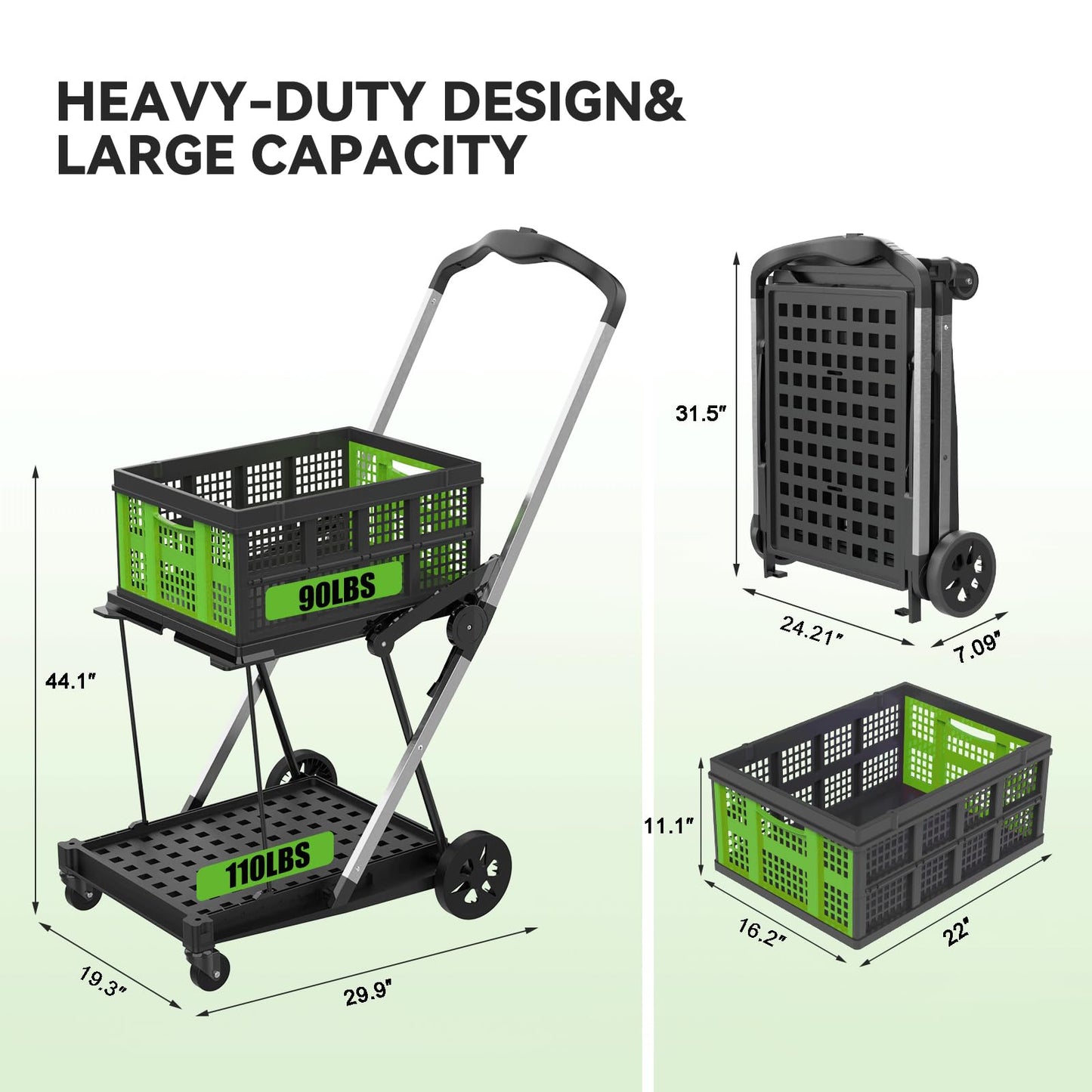 Collapsible Shopping Cart with Wheels,2 Tier Multi Use Foldable Shopping Cart with 2 Storage Crates,Folding Shopping Trolley Utility Cart for Office,Groceries, Warehouse,Supermarket,Picnic (Green)