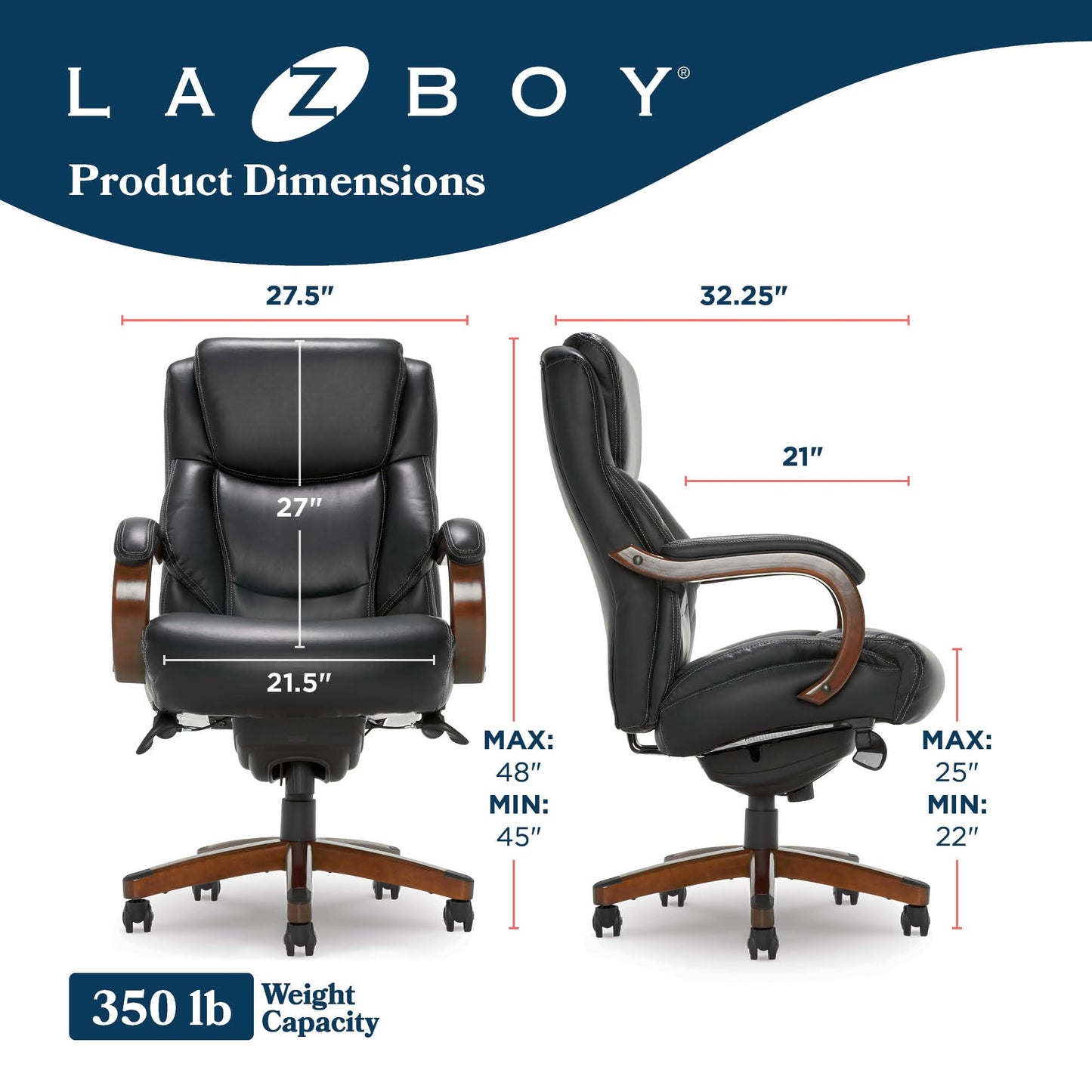 La-Z-Boy Delano Big and Tall Executive Office Chair - Ergonomic Lumbar Support Memory Foam - Bonded Leather Desk Chair for Home Office - Mahogany Wood Arms - Black