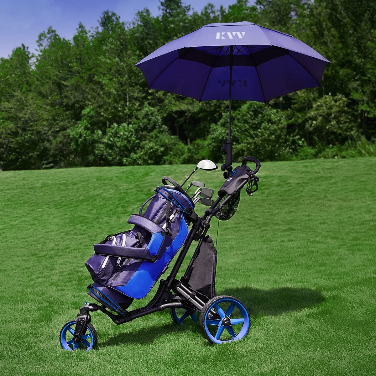 KVV 3 Wheel 360 Rotating Front Wheel Golf Push Cart Open and Close in ONE Second-Free Umbrella Holder Included(Black/Blue)