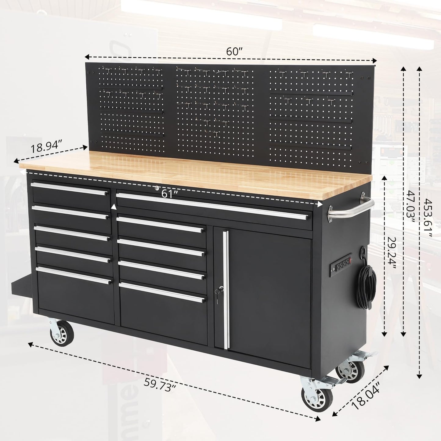 IDEALHOUSE 61-inch Rolling Tool Chest, 10 Drawers Garage Workbench Storage Tool Cabinet with Power Strip, Solid Rubber Wood Top, 1675 LBS Load Mobile Workstation, Heavy Duty Rolling Cabinet, Black