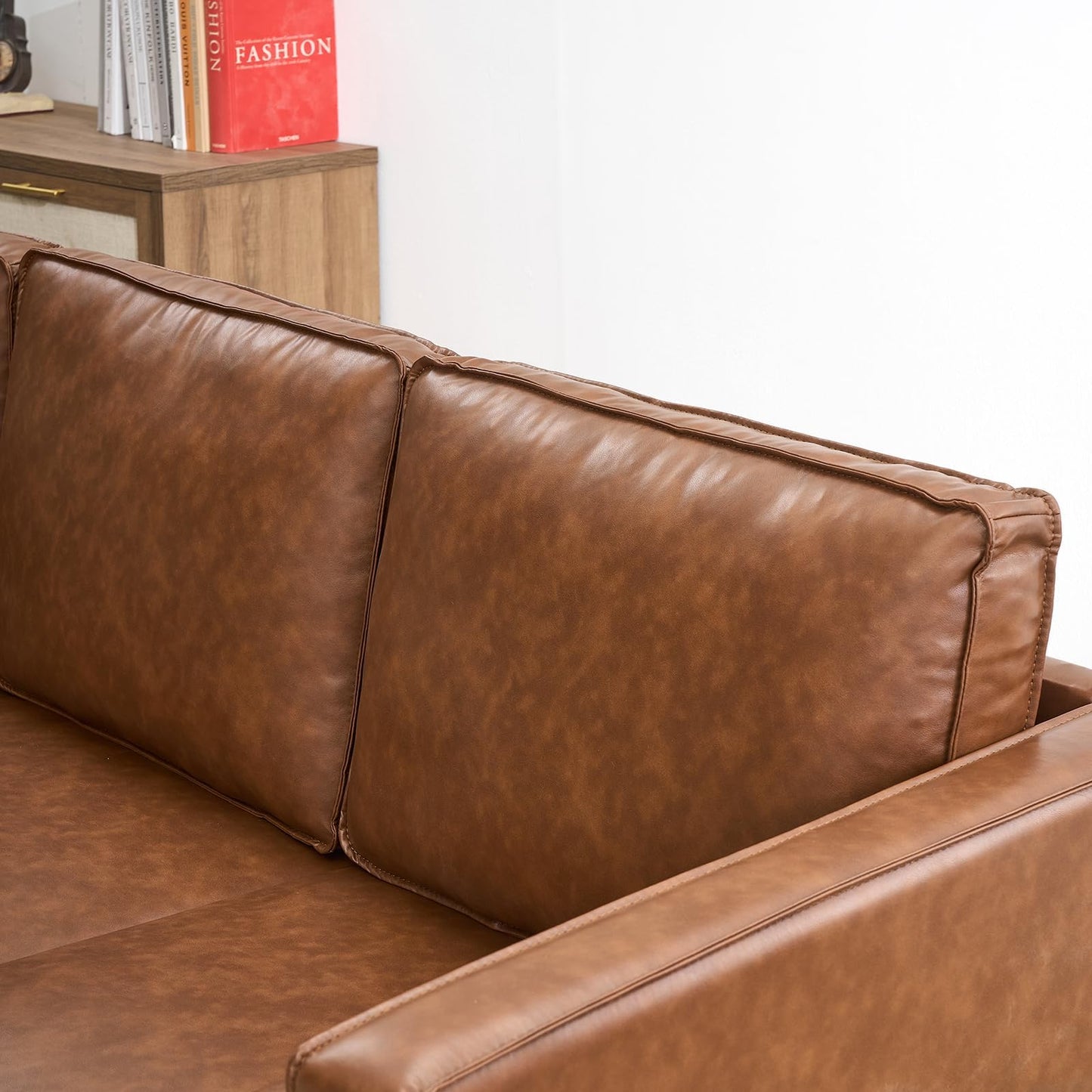 GarveeLife 81" Mid Century Modern PU Leather Sofa, 3 Seater Couch with Deep Seat & Cushions, Faux Leather Living Room Sofa for Apartment, Bedroom, Office, Brown