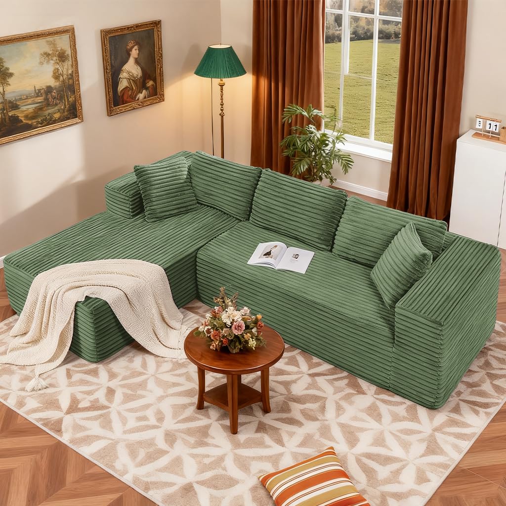 COMHOMA 105”Modular Sectional Sofa with Deep Seat,Cloud Upholstered L-Shape Couch Wide Arms Corduroy Fabric High-Density Foam Chaise Lounge for Living Room No Assembly Required,Green