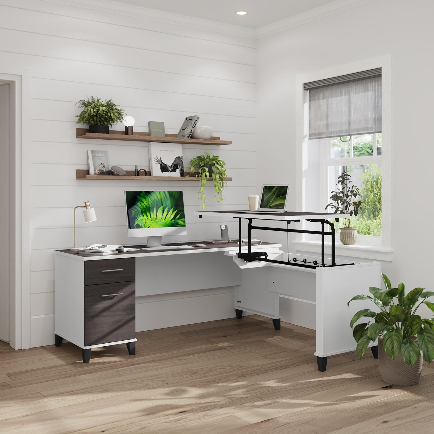 Bush Furniture Somerset 72W 3 Position Sit to Stand Adjustable Standing L Shaped Desk in White and Storm Gray, Ergonomic Corner Computer Office Table