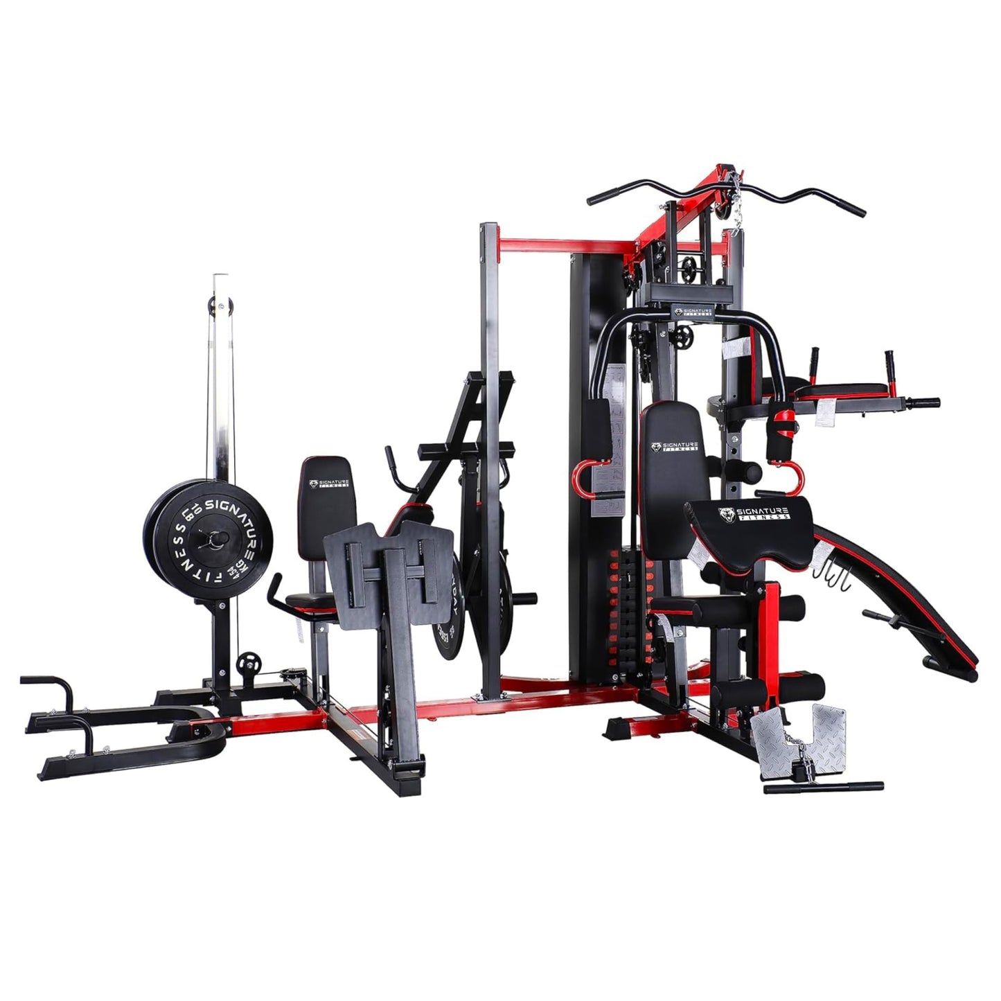 Signature Fitness Multifunctional Home Gym System Workout Station with Leg Extension, Preacher Curl, Pushup, Dip, Situp Stand, Leg Press and Squat Stand, 122.5LB Weight Stack, M950, Steel