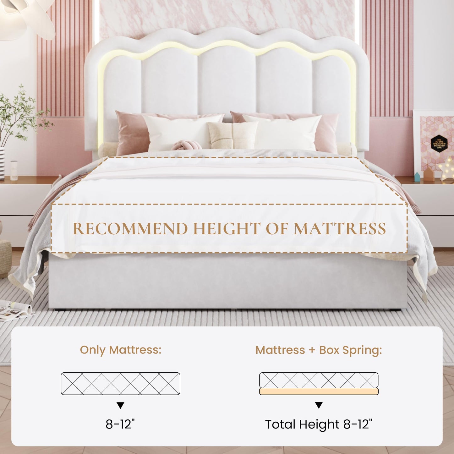 SHA CERLIN Upholstered Full Size Bed Frame with LED Lights and Large Storage Drawer, Velvet Platform Bed with Adjustable Wavy Headboard, Noise Free, Easy Assembly, No Box Spring Needed, Soft White