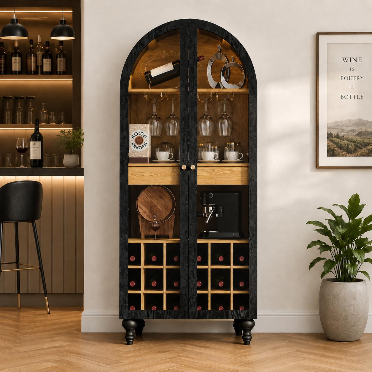 Trygoal Modern Farmhouse Arched Bar Cabinet, 71'' Tall Wine Cabinet with Built-in Stemware Rack & Glass Door, Black Arched Wine Cabinet with Storage, Large Liquor Cabinet for Living Room, Dining Room