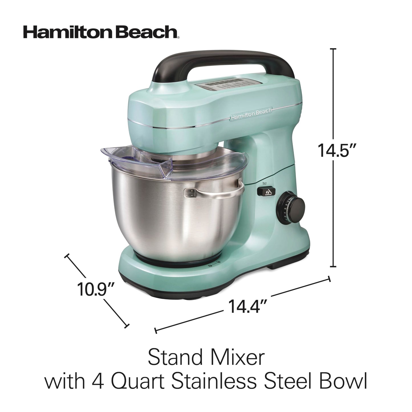 Hamilton Beach Electric Stand Mixer, 4 Quarts, Dough Hook, Flat Beater Attachments, Splash Guard, 7 Speeds with Whisk, Easy-Carry Top Handle, Aqua