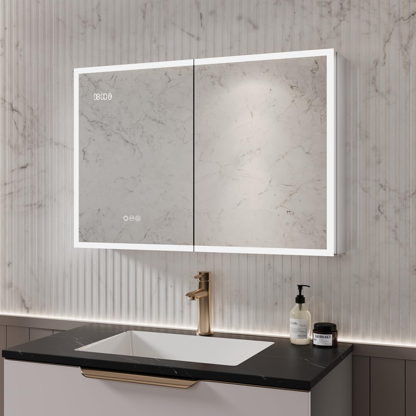 BuLife Double Door Medicine Cabinet 37 Inch, LED Mirror with Anti-Fog & Time/Temp, 3 Color Dimmable Lights, Adjustable Shelves, Pre-Assembled for Easy Install