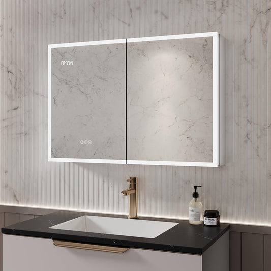 BuLife Double Door Medicine Cabinet 37 Inch, LED Mirror with Anti-Fog & Time/Temp, 3 Color Dimmable Lights, Adjustable Shelves, Pre-Assembled for Easy Install