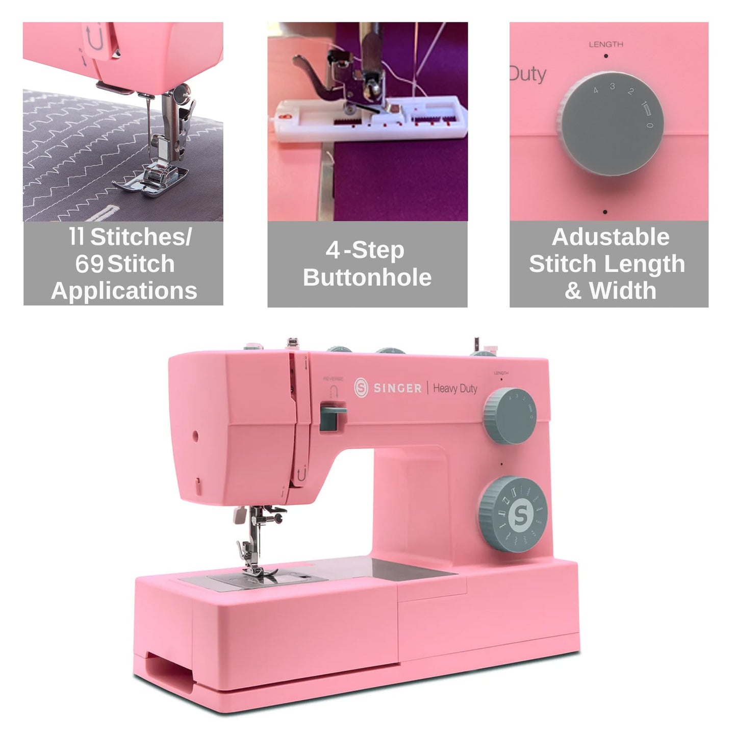 SINGER® Heavy Duty 4411 (Pink) High Speed Sewing Machine + Accessories | 11 Built-In Stitches Deliver 69 Stitch Applications | 60% More Power, 1100 Stitches/Min | Metal Frame, 4-Step Buttonhole