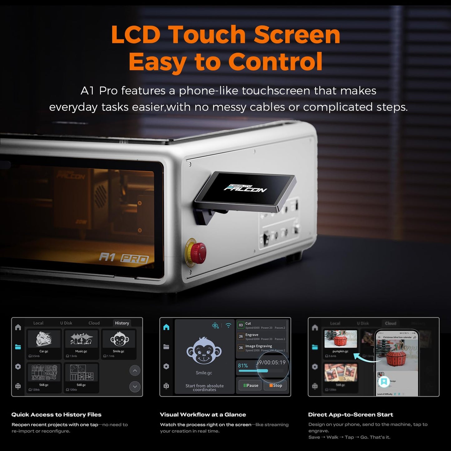 Creality Laser Engraver Falcon A1 Pro 20W with Touch Screen, APP, Class 1 Safety Laser Cutter and Engraving Machine for Wood and Metal, Acrylic, 14.09" x 10.55" Work Area (White)