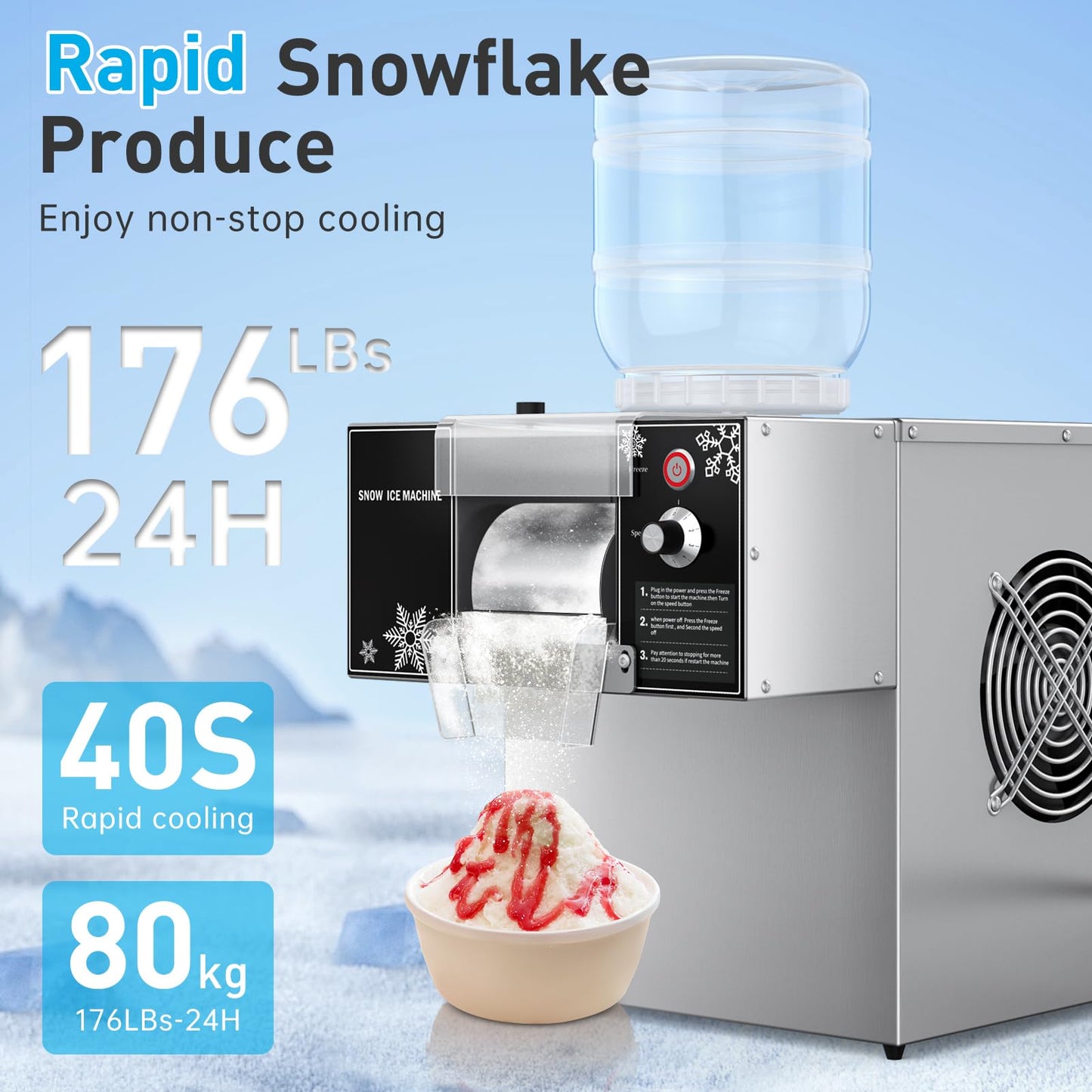 Fajiduo Snowflake Ice Machine, 176 LBS/24H Commercial Shaved Ice Machine, Rapid Cooling and 9 Adjustable Speed, Stainless Steel Snowflake Ice Maker for Home, Restaurant, Office, Party