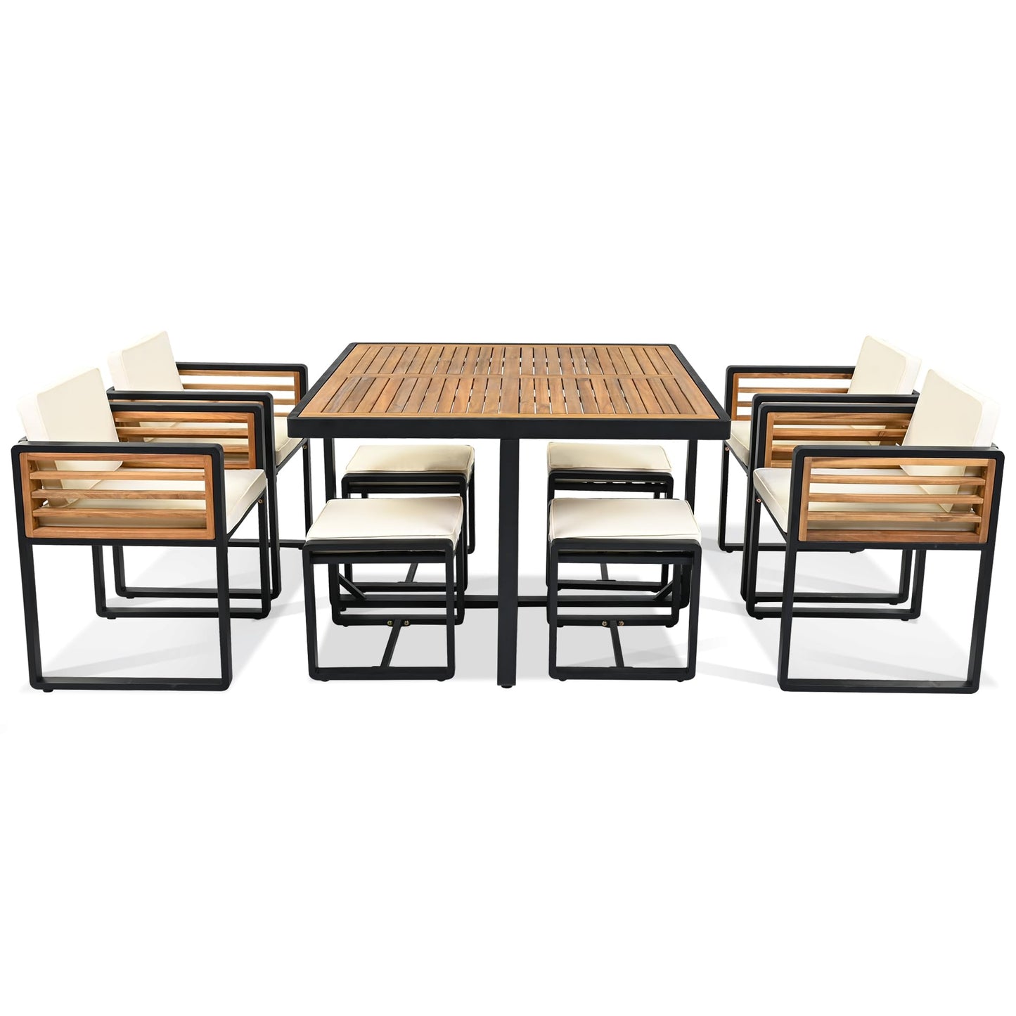 Merax 9-Piece Patio Dining Set for 8 People, Acacia Wood Outdoor Furniture Sets with 1 Square Table, 4 Cushioned Chairs and 4 Ottomans for Backyard, Garden, Lawn, Poolside, Space Saving Design, Beige
