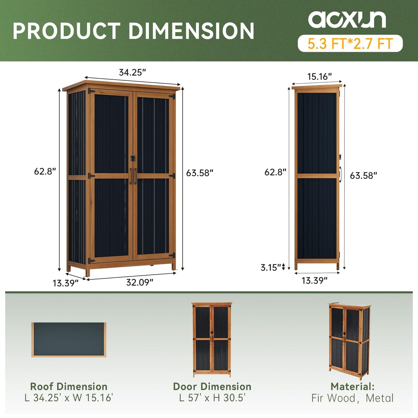 Aoxun Outdoor Storage Cabinet Shed - Tall Tool Garden Vertical Cabinet with Weather-Resistant Roof, Double Lockable Doors, 3 Removable Shelves, for Backyard Garden Patio Lawn Indoor