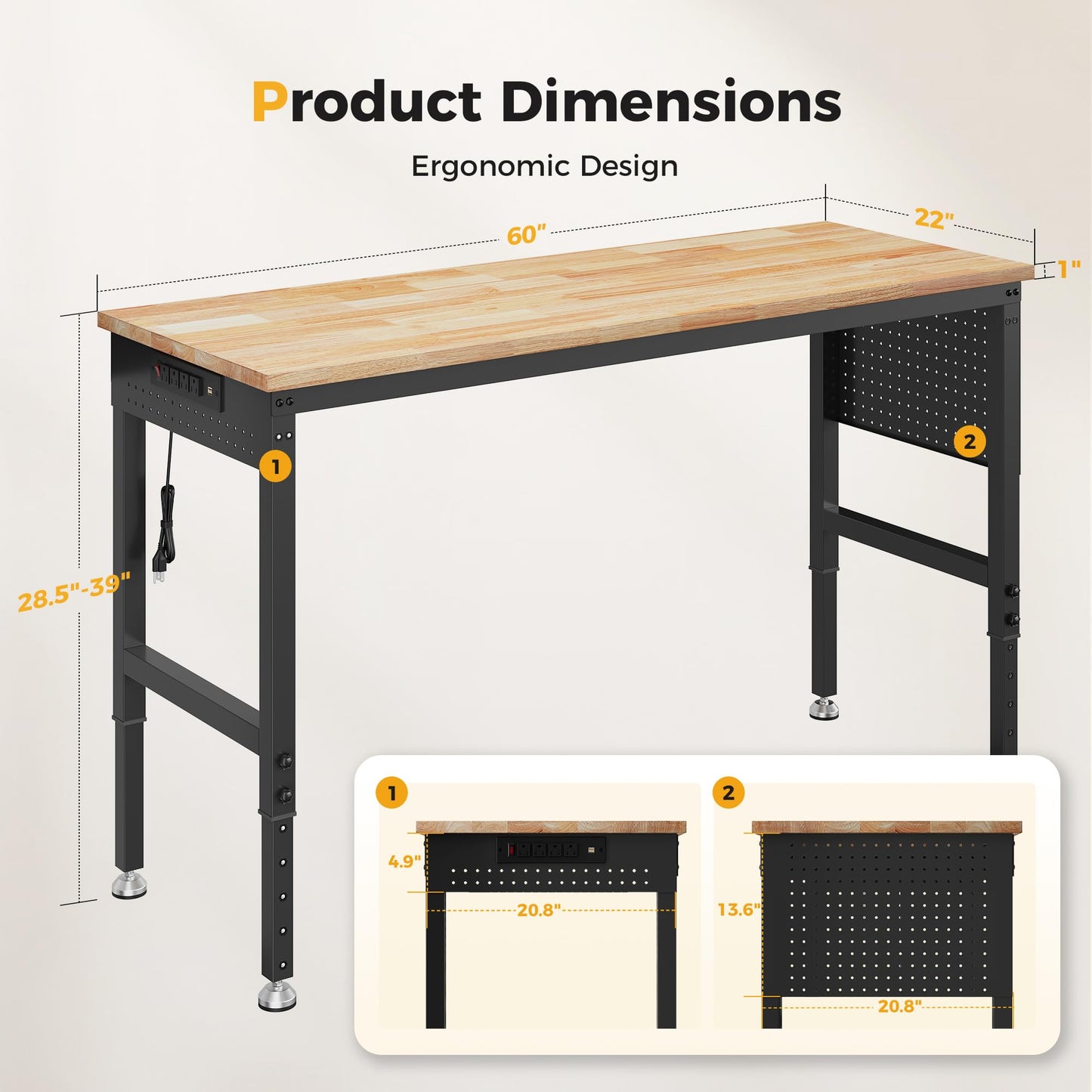 CAMMOO 60" Adjustable Heavy Duty Workbench, 2000 LBS Load Capacity Rubber Wood Work Table with Pegboard, Power Outlets, Work Bench for Garage, Workshop, Office, Home, Commercial