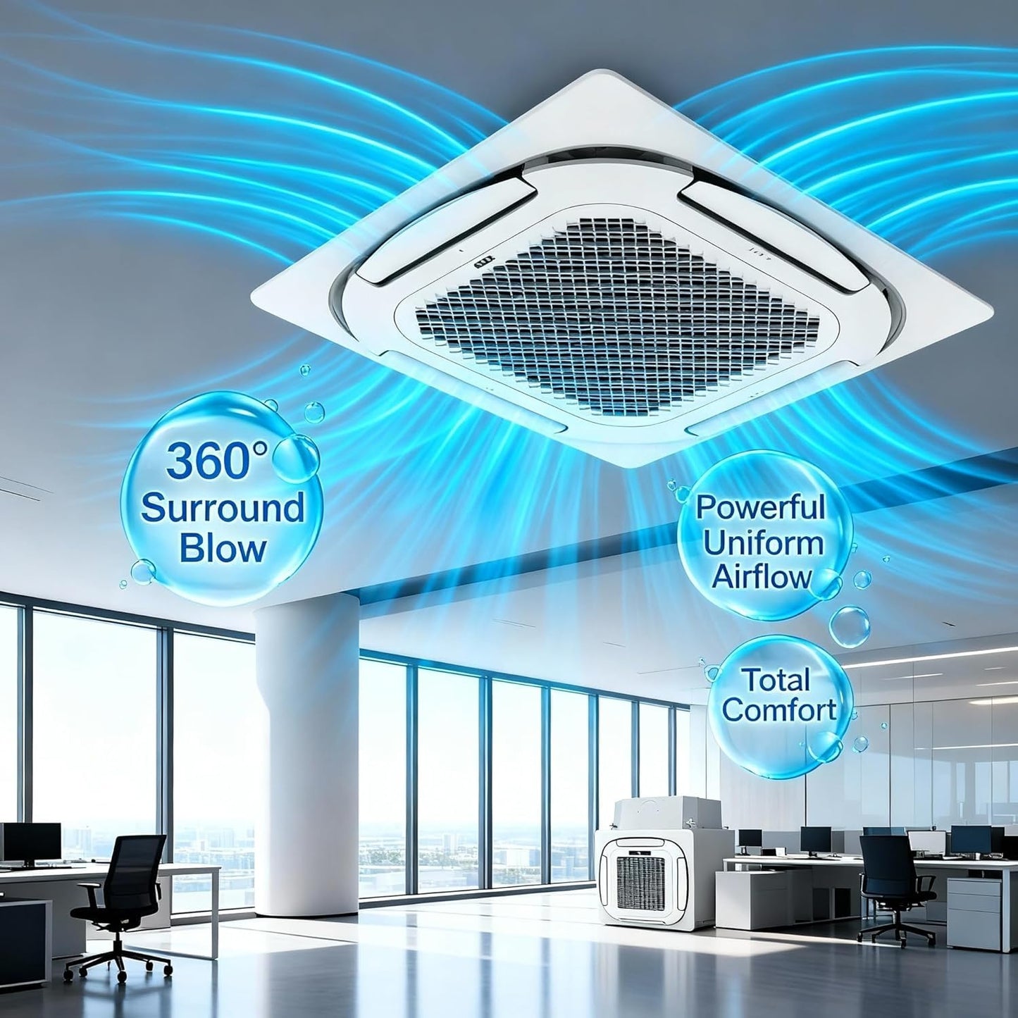 9000 BTU Ceiling Cassette Mini Split Air Conditioner & Heater – 360° 8-Way Airflow, Remote Controlled, Whisper-Quiet, 208/230V, R454B Refrigerant, 25ft Installation Kit, Ultra-Slim for Home & Business