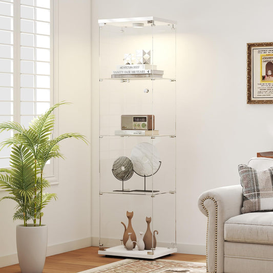 Zevemomo Tempered Glass Display Cabinet with Lights, 4-Tier Curio Cabinet with Glass Doors and Lock, Glass Display Case for Collectibles, for Living Room, Bedroom, Office, White, Single Door