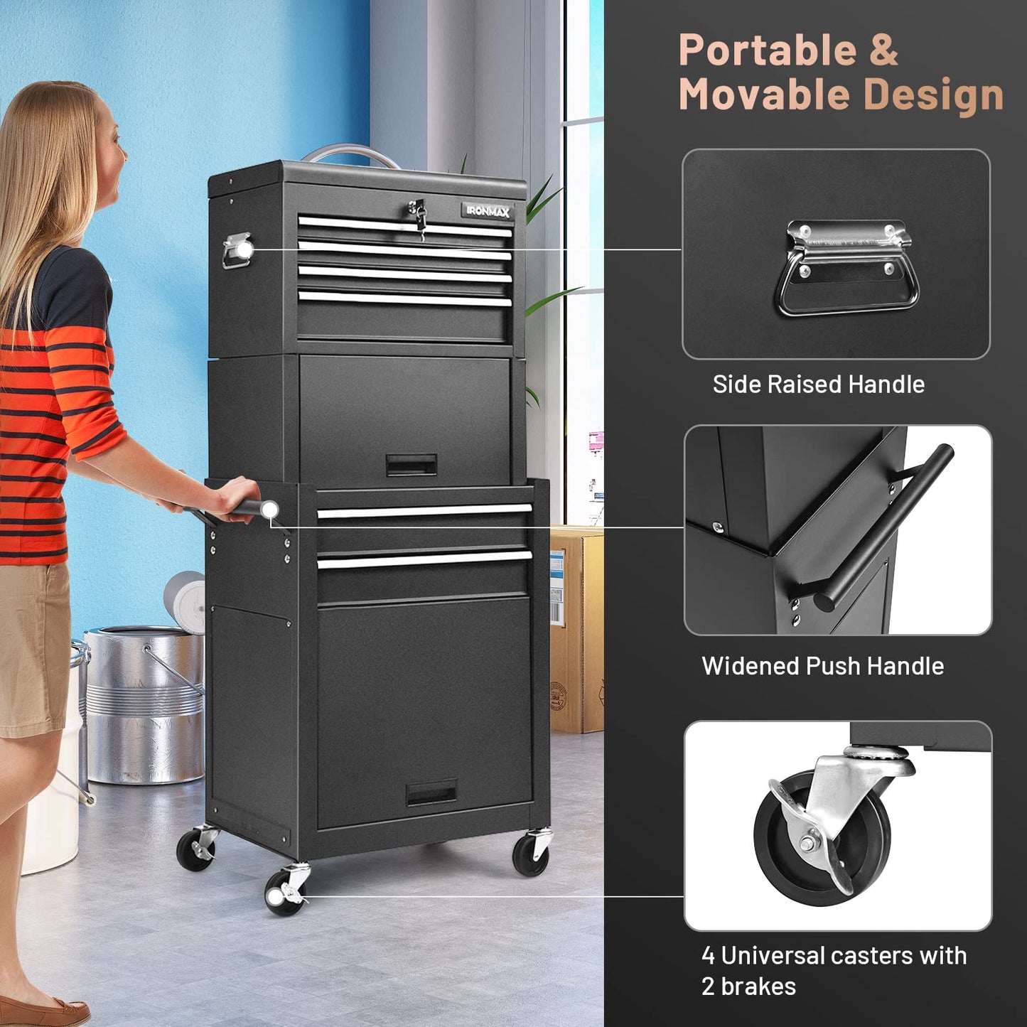 ERGOMASTER Rolling Tool Chest - Removable Top Box Large Bottom Cabinet with Casters and Lock System Tool-Box - Heighten 6-Drawer Black