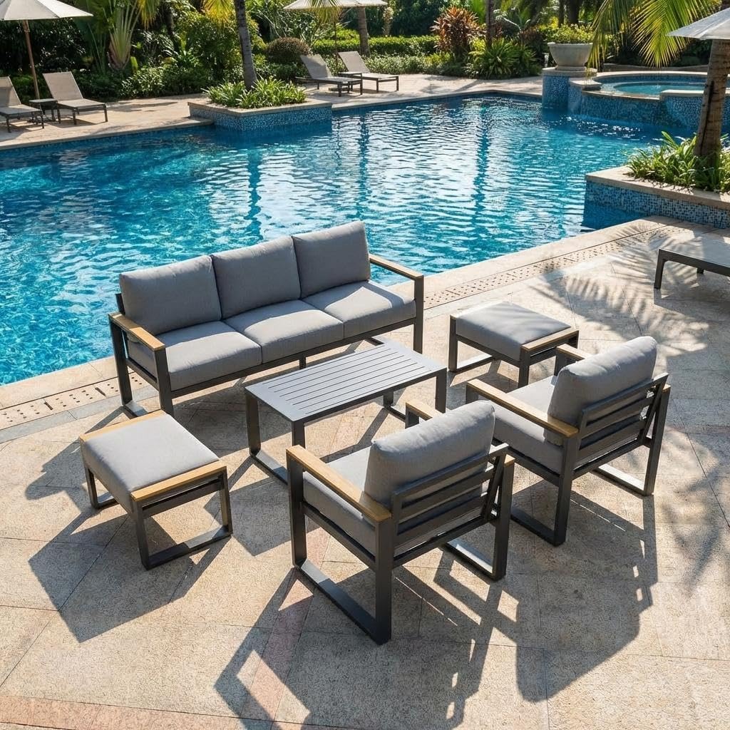 GarveeLife Aluminum Patio Furniture Set, 7 Seats Outdoor Patio Conversation Sets with Coffee Table, 6 Pieces Metal Conversation Sectional Furniture Sofa for Balcony, Garden, Deck, Backyard,Gray