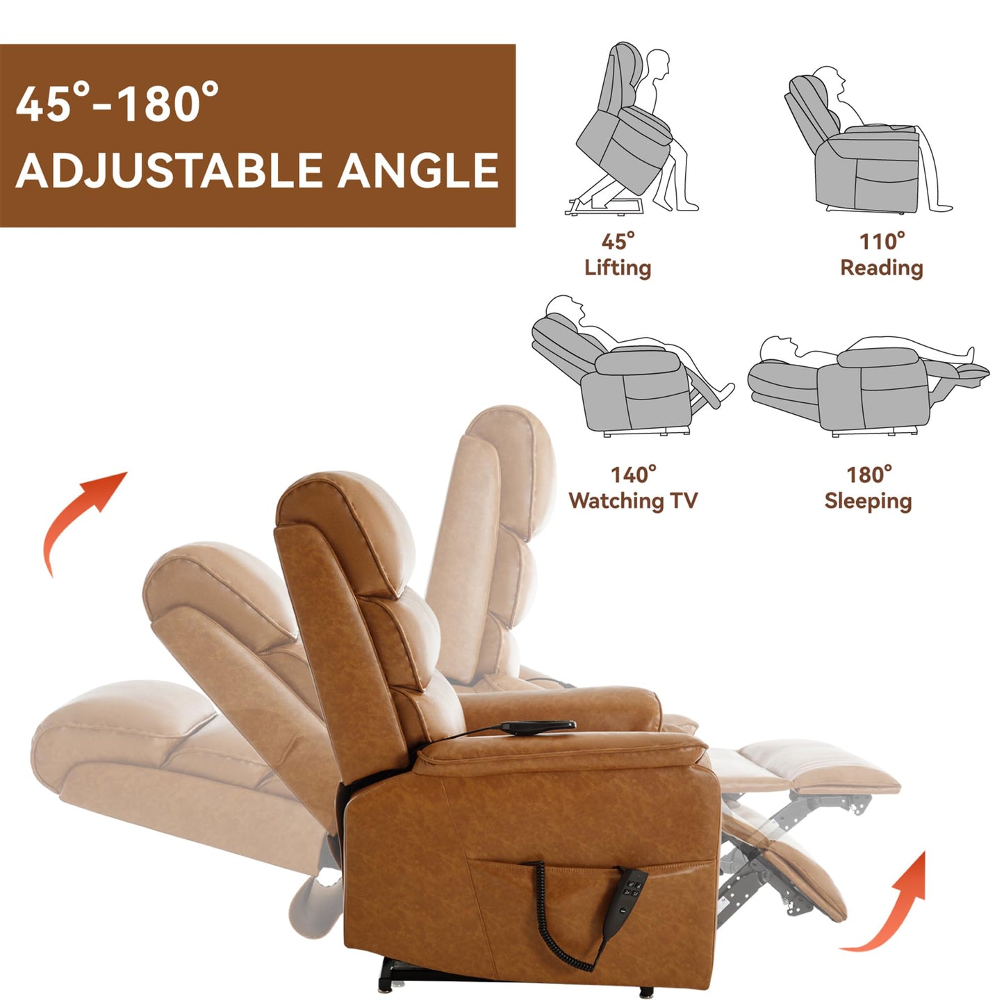 RHHVVR Oversized Power Lift Recliner Chair for Elderly, 180° Flat Lay Zero Gravity Electric Sofa with 8-Point Massage and Lumbar Heat, Breathable Leatheraire, Adjustable Footrest