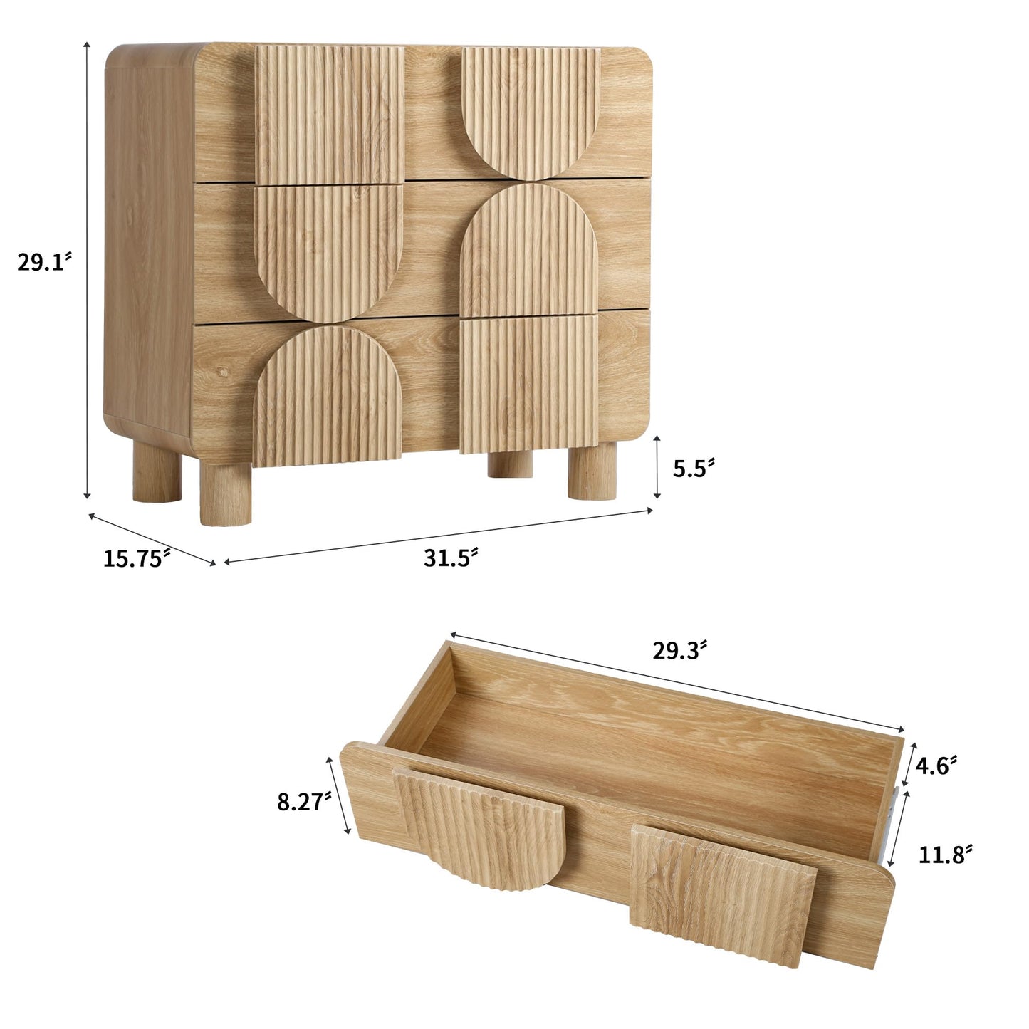 Janmer Home 3 Drawer Dressers for Bedroom, 31.5" Wide Large Mid Century Modern Fluted Nightstand, Wood Dresser & Chest of Drawers with Curved Profile for Living Room, Entryway, Hallway, Natural
