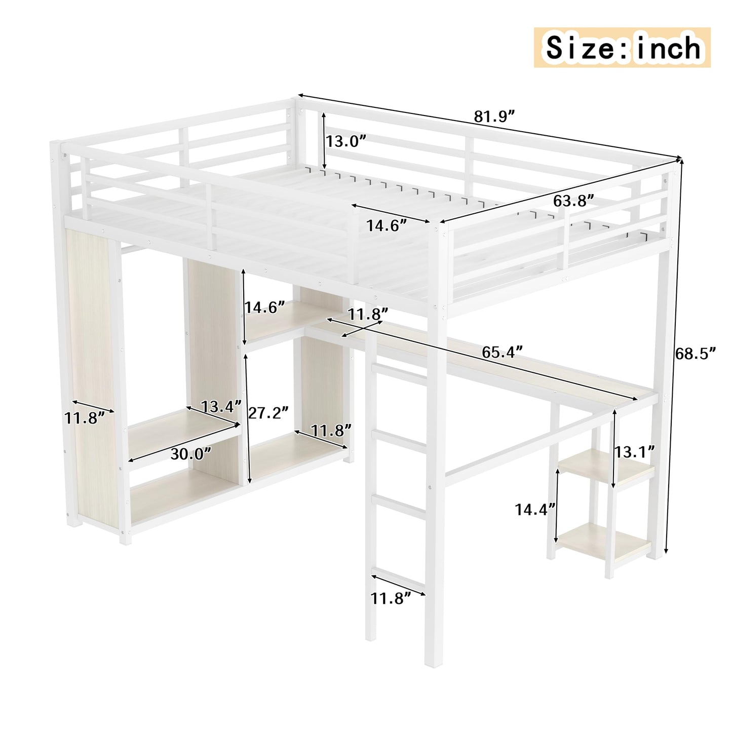 Bellemave Queen Size Loft Bed with Desk, Wardrobe, Metal Queen Loft Bed Frame, White Wood-Grain
