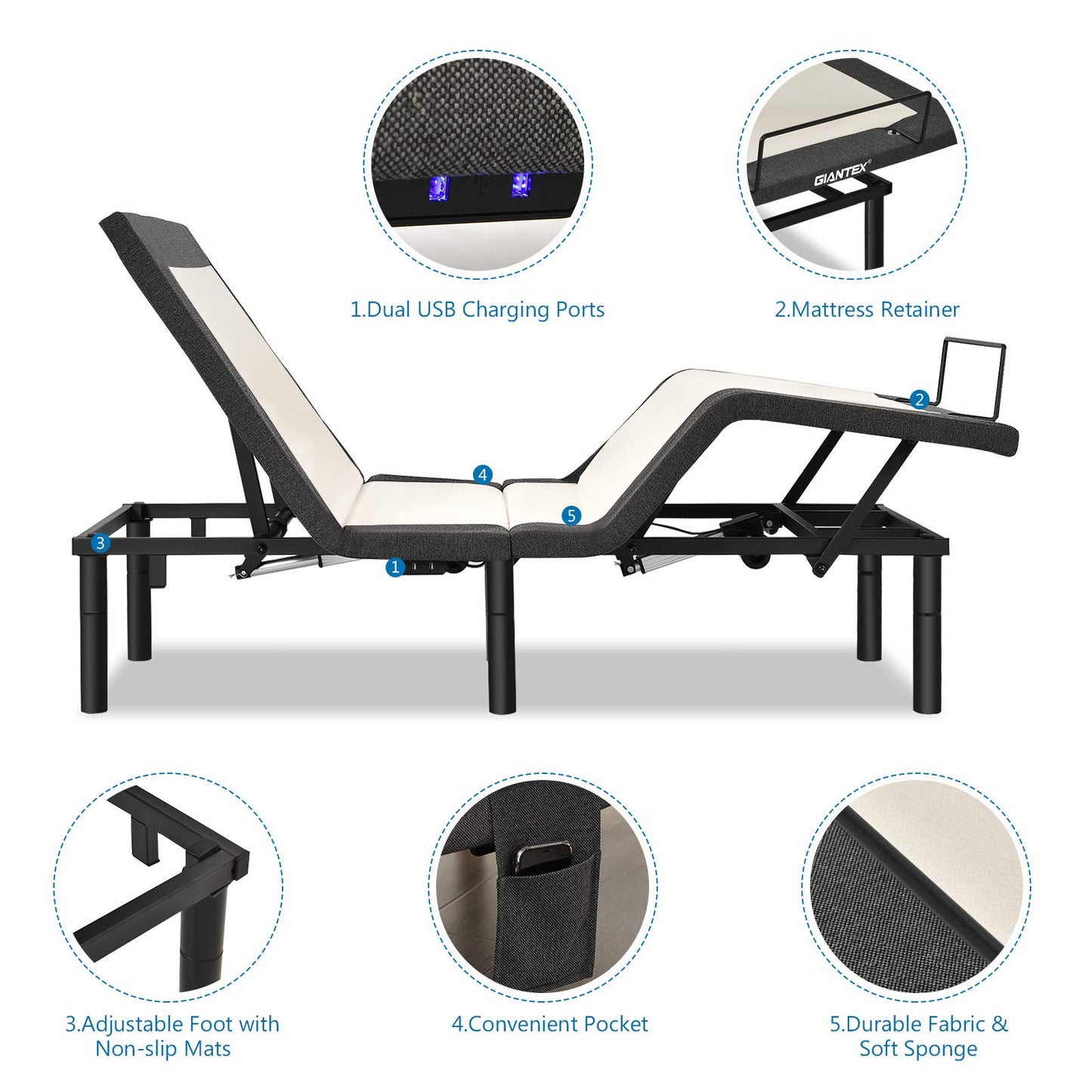 Giantex Adjustable Bed Base with Remote, Zero Gravity Electric Adjustable Bed w/Head and Foot Incline, Vibration Massage, USB Ports, Under-Bed Nightlight, Preset & Memory Positions (Twin-XL)