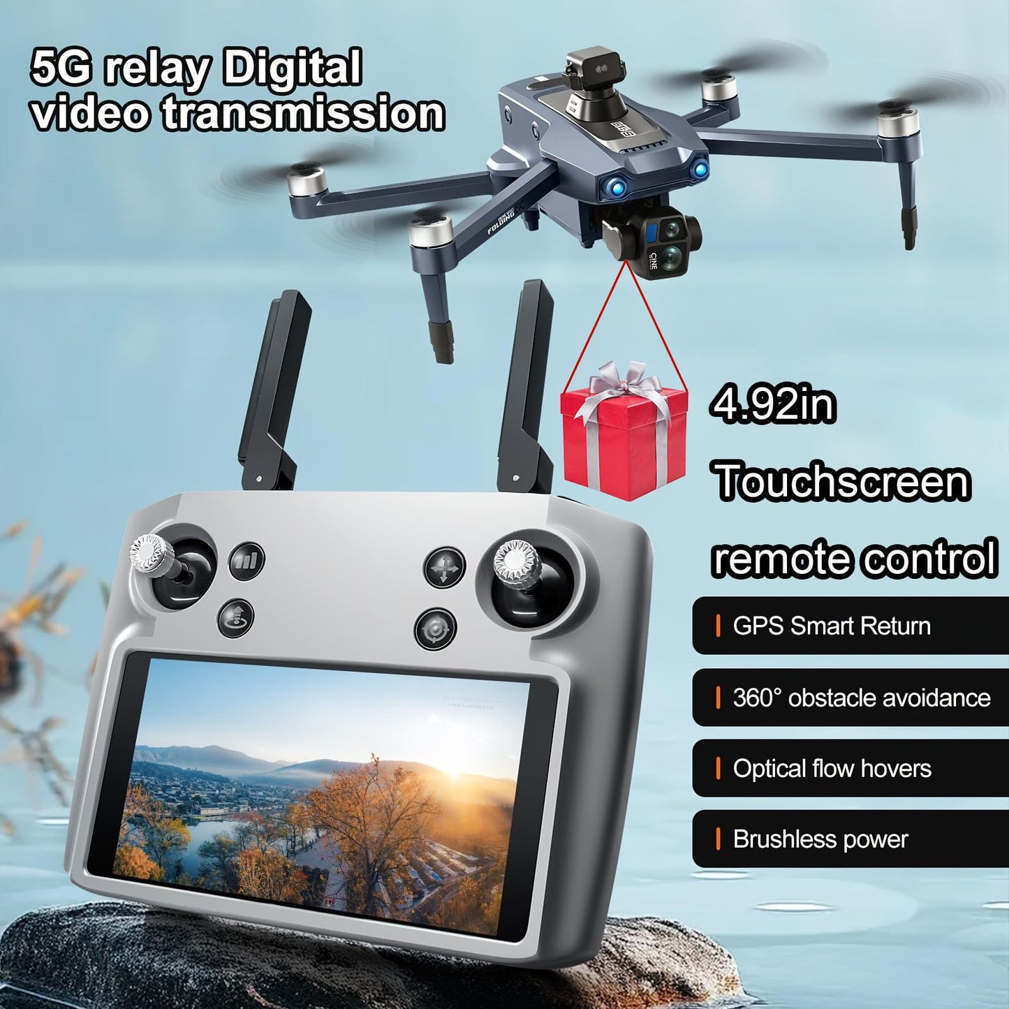 Airdrop Drone, Max Payload Capacity About 0.66 Lbs, GPS Positioning System, 4.92-Inch Touchscreen Remote Controller, 2.7K 3-Axis Gimbal Camera, 2 Batteries for Total Flight Time About 50 Minutes, Dual Cameras, 4-Way Obstacle Avoidance Function, Optical Fl