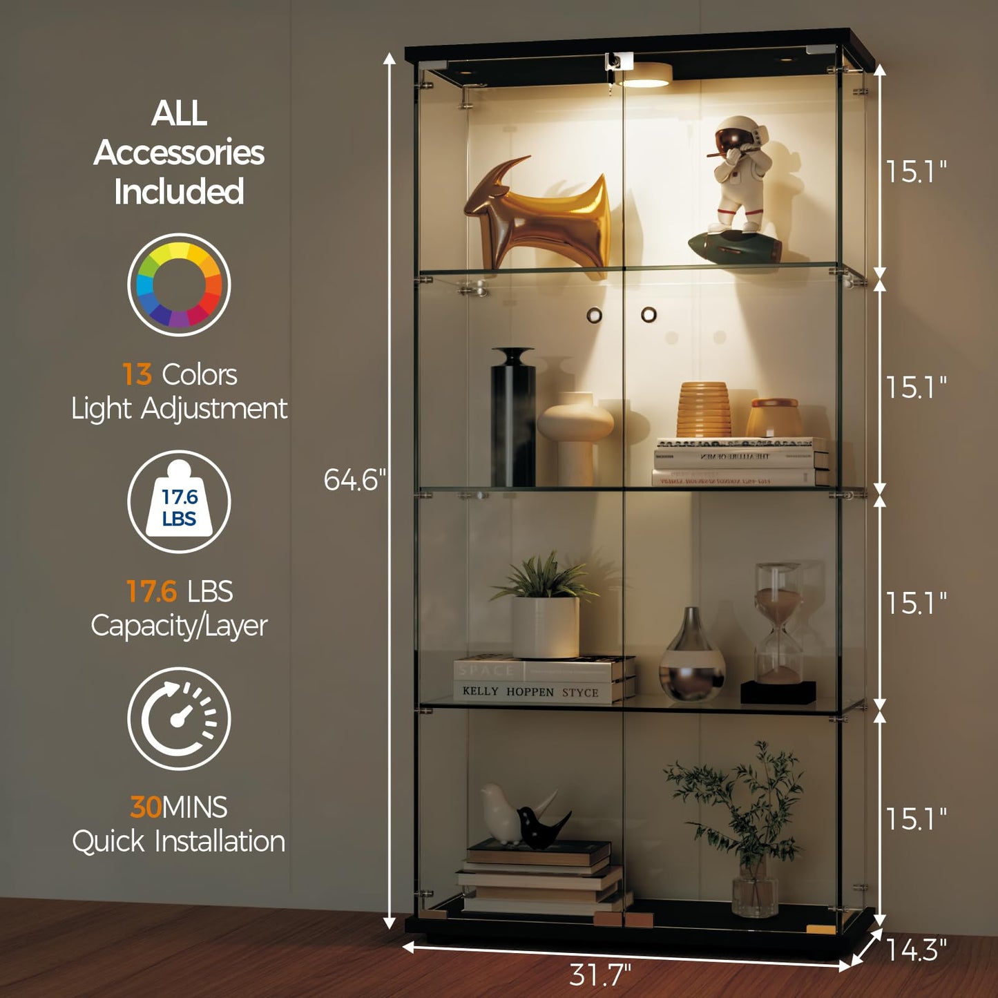GarveeHome 4 Shelves Display Cabinet, Tempered Glass Curio Showcase with LED Light & Lock, Double Doors Storage Cabinet for Living Room Bedroom Office, Black, 64x31.7x14.3 Inch