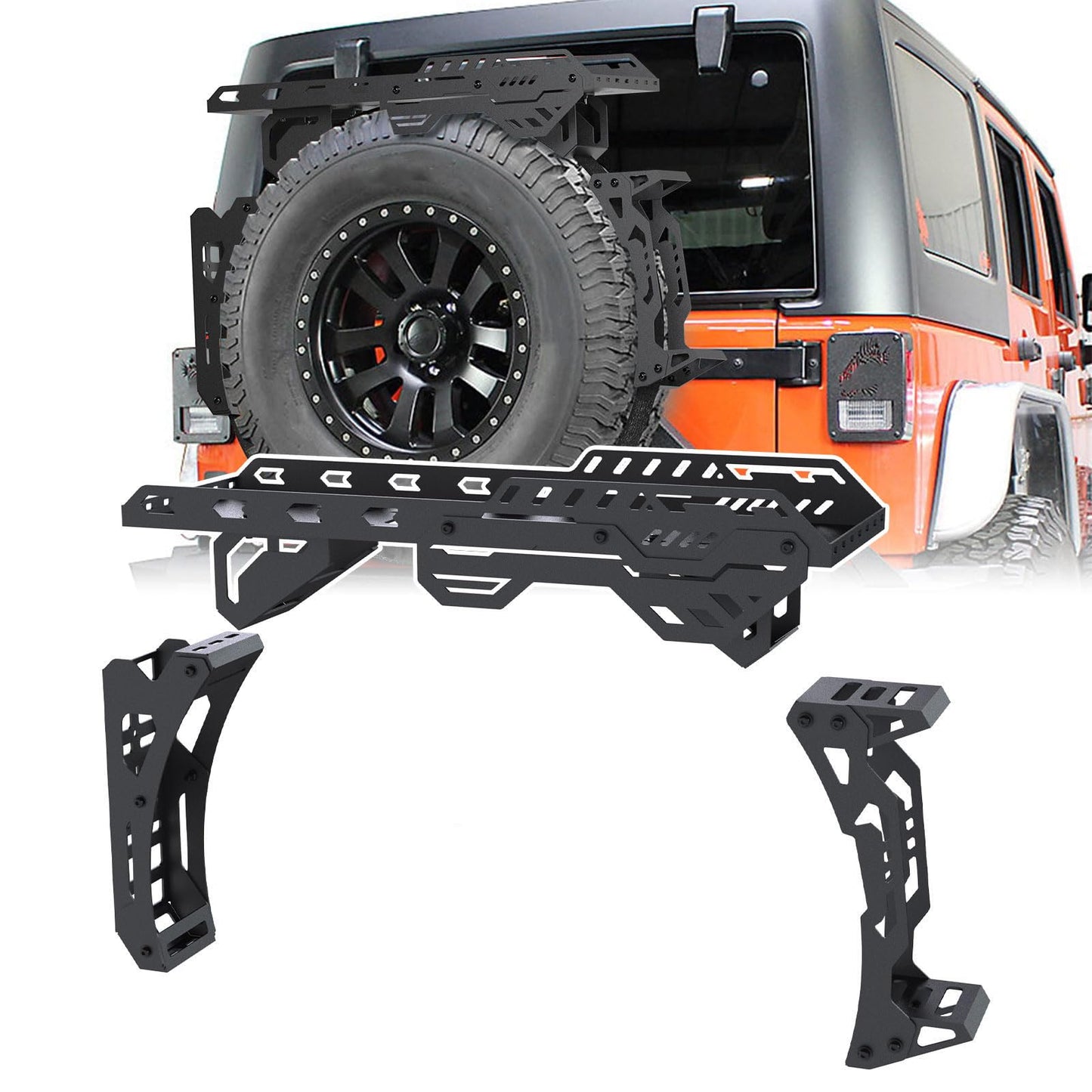 Universal Spare Tire Cargo Basket with Quick Release Spare Tire Mount Rack & Step Ladder | Fits 30"–40" Tires | 3-in-1 Off-Road Storage for SUVs & Jeeps | Compatible with Fuel Cans & Traction Boards
