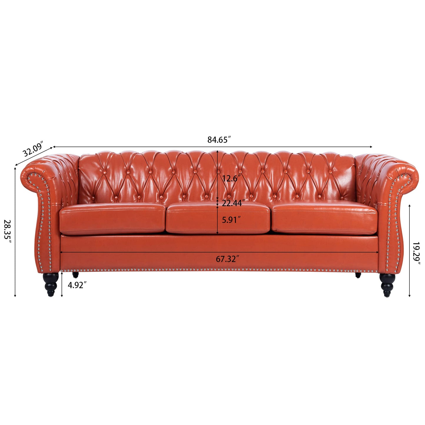 Ball & Cast 84" Chesterfield Leather Sofa with Channel Tufted Seat Back,Classic 3 Seater Couch w/Roll Arm Nailhead Trim and Upholstered,Mid Century Furniture for Living Room,Bedroom,Office,Orange PU