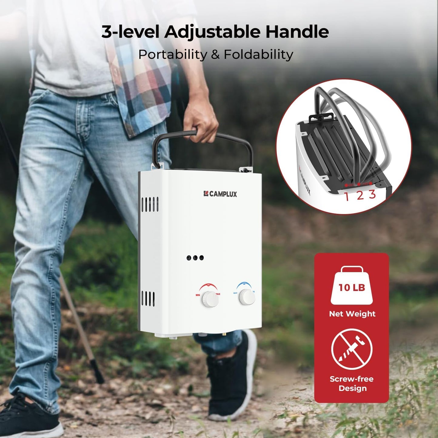 CAMPLUX 5L Portable Tankless Water Heater, 1.32 GPM Outdoor Propane Shower for Camping, RV, Off-Grid, Instant Hot Water with Folding Handle, Overheat Protection, Low Pressure Startup, AY132, White
