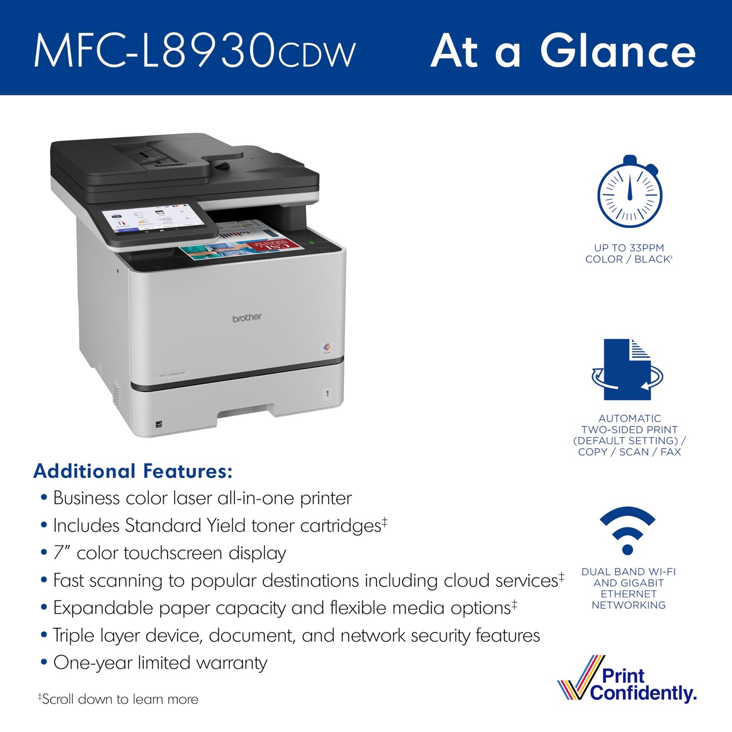 Brother MFC-L8930CDW Business Color Laser All-in-One Printer with Duplex Print, Scan, Copy, Low-Cost Printing, and Advanced Security Features