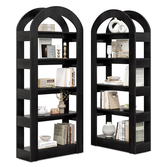 LITTLE TREE 5-Tier Bookshelf, Arch-Shaped Racks, Tall Standing Wooden Bookcase Display Shelf Modern Storage Solution (2, Black)