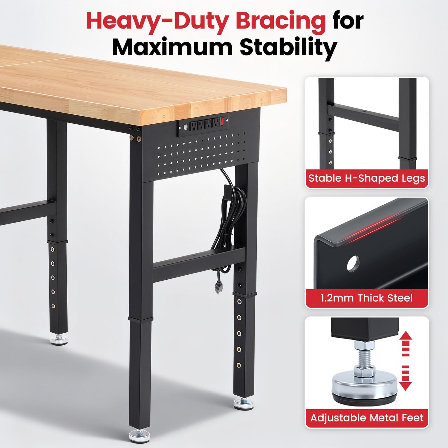 ENJOYWOOD Workbench 84 Inch Heavy Duty Rubber Wood Top Work Bench Adjustable Height Work Table 5000 Lbs Load Capacity with Power Outlets & Extended Pegboard for Garage, Home, Office