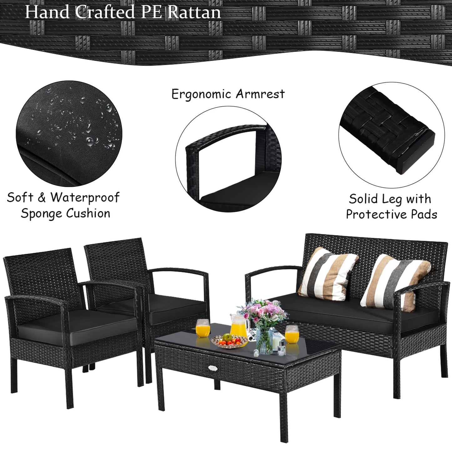 Tangkula 4 Pieces Wicker Patio Conversation Furniture Set, Outdoor Rattan Chair and Table Set, Patio Furniture Sets with Coffee Table & Washable Cushions for Courtyard Balcony Garden