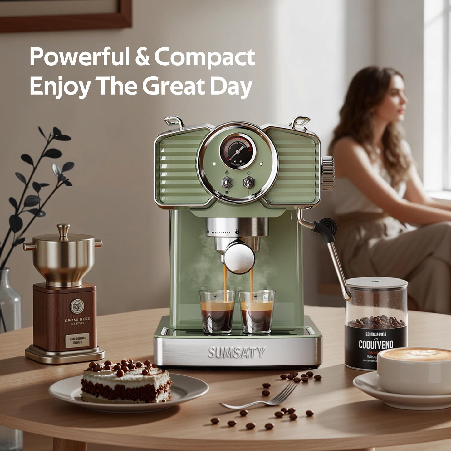 SUMSATY Espresso Machine 20 Bar, Retro Espresso Maker with Powerful Milk Frother Steam Professional Expresso Machine for Home with 61oz Water Tank Cappuccino & Latte Maker, Green