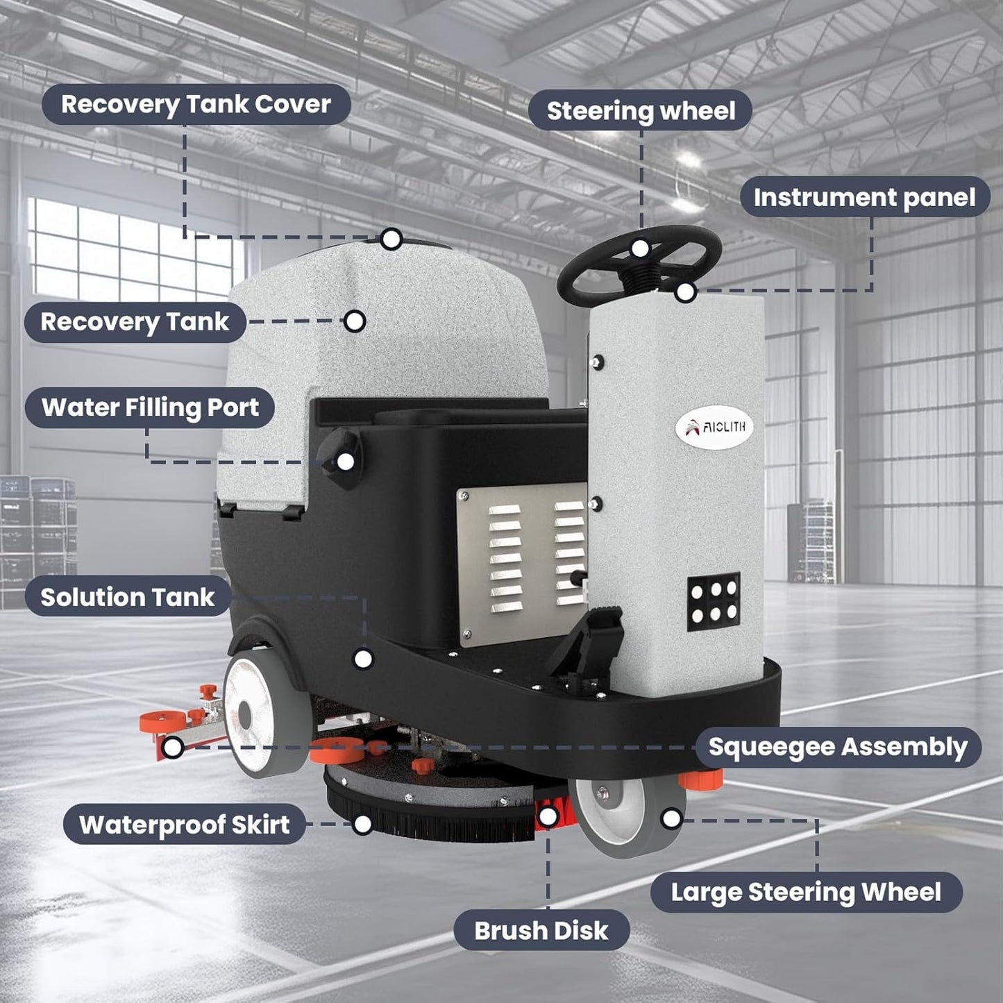 AIOLITH Micro Ride-On Floor Scrubber Dryer Kit, 22" Clean, 25 Gal, up to 55,000 ft²/h, Lithium Battery, Fast Charge, All Parts, Commercial Floor Cleaning for Daily Maintenance in Airport, Mall, School