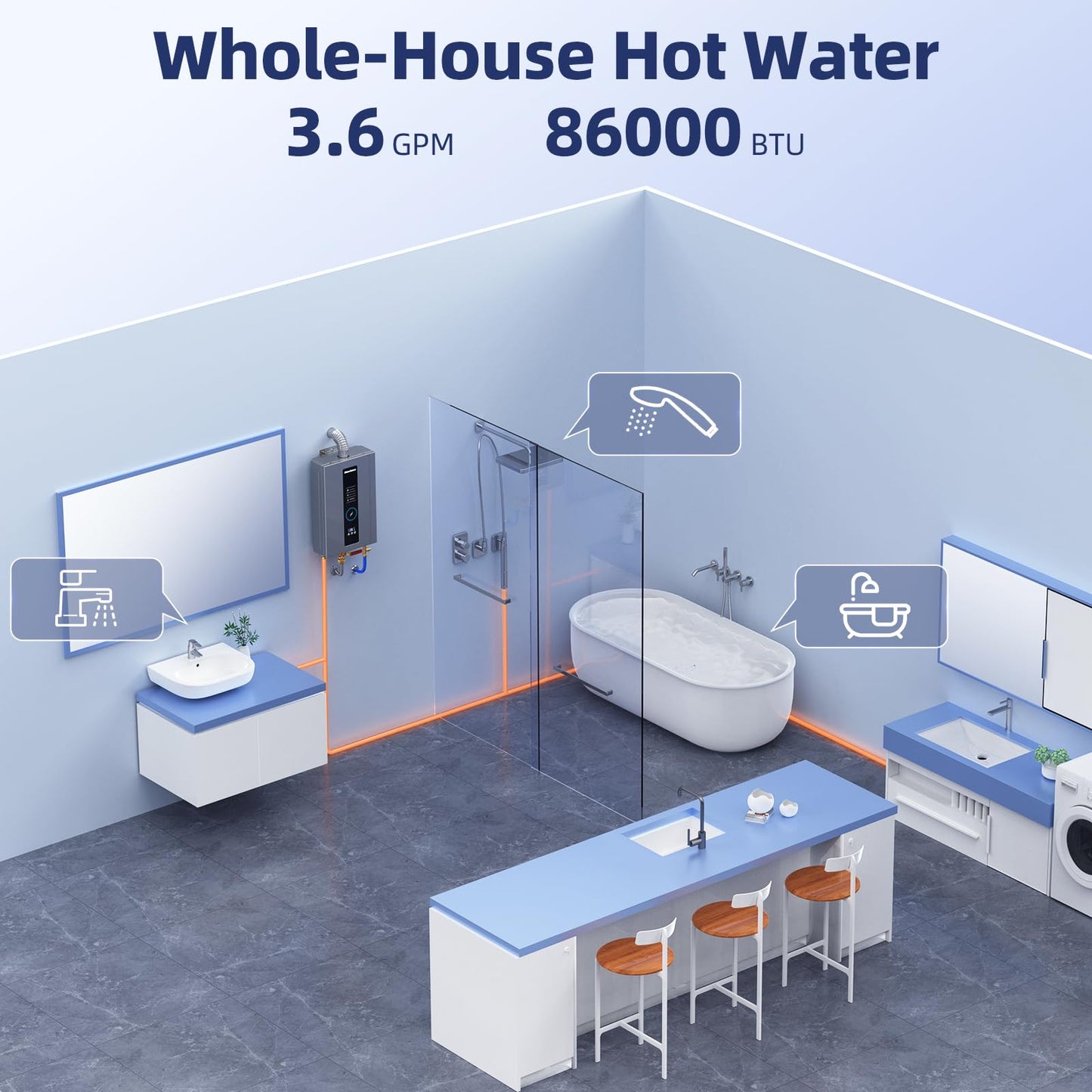 Tankless Water Heater, Novieex On Demand Water Heater Natural Gas, Up to 3.6 GPM, 86,000 BTU Instant Hot Water Heater with LED Display, Indoor Installation, 2-3 Point Use for Family Bathroom Kitchen