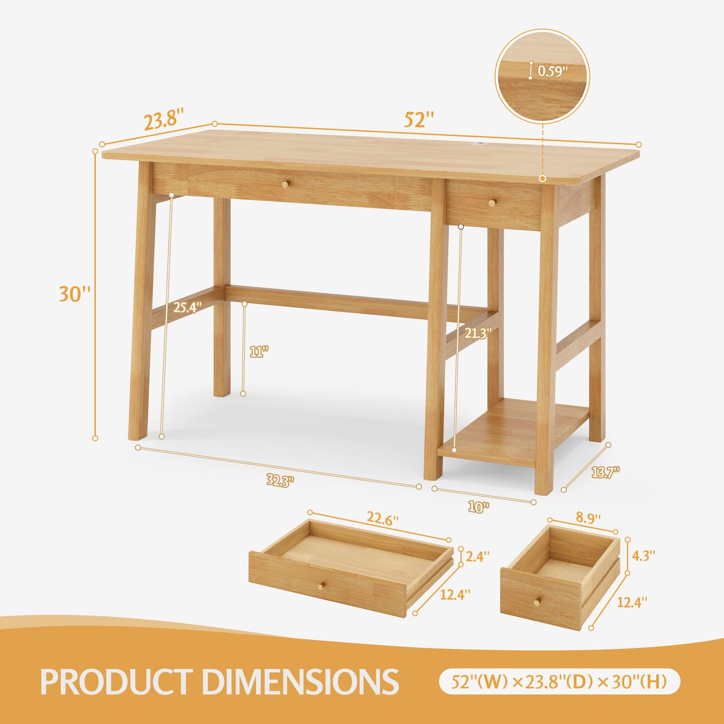 NELYE Solid Wood Desk with Drawer - 52 Inch Modern Writing and Computing Workstation for Home Office in Oak