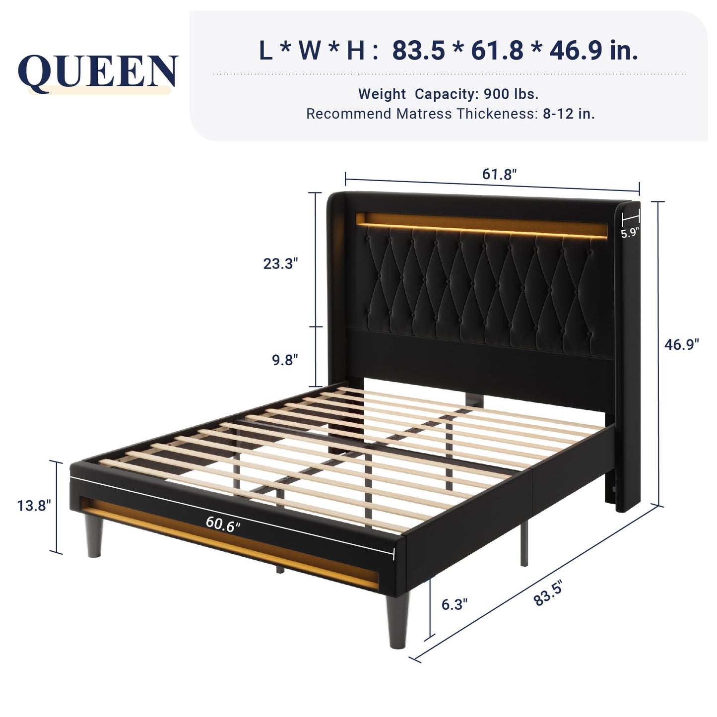 Allewie Upholstered Queen Size Platform Bed Frame with LED Light and Charging Station, Button Tufted High Headboard, Wingback Design, Noise Free, Easy Assembly, No Box Spring Needed, Black