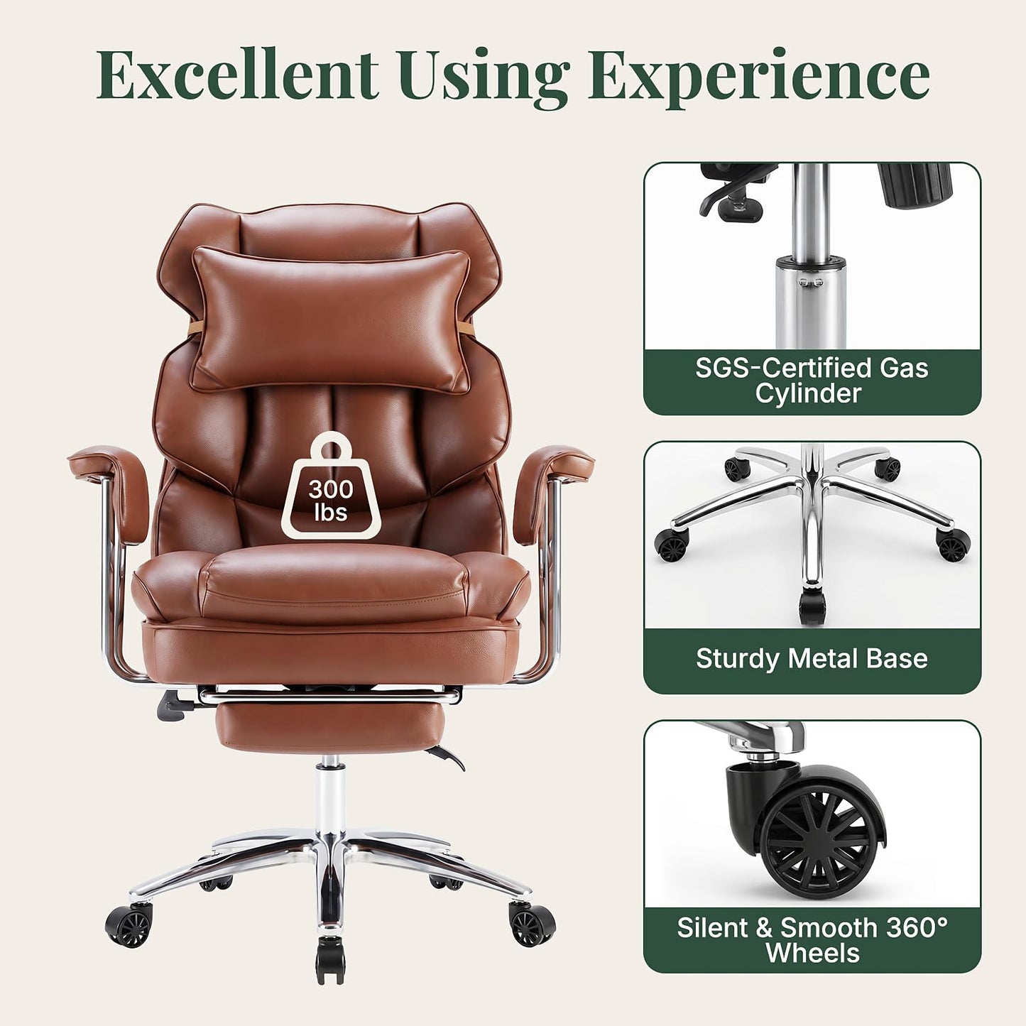 HAPPYMONT Executive Ergonomic Office Chair, PU Leather High Back Reclining Office Chair with Footrest and Lumbar Support, Height Adjustable Rolling Swivel Computer Chair for Home Office,Brown