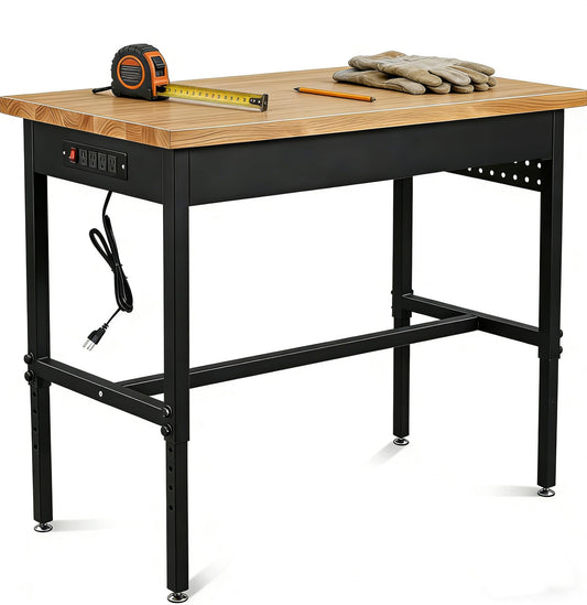 KEIKI 60 Inch Heavy-Duty Adjustable Work Bench for Garage Workshop, Power Outlets Shop Table with USB Ports, 2500 Lbs Capacity Hardwood Top, 6 Level Height Adjustable Metal Frame with Wheels, Black