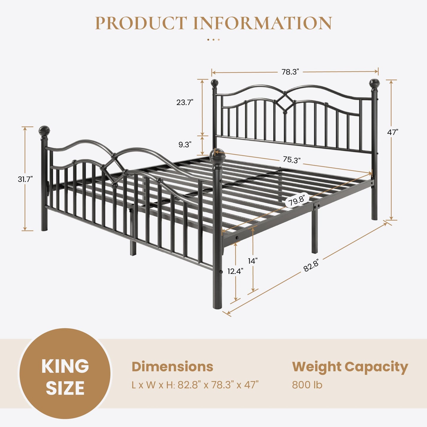 SHA CERLIN Vintage King Metal Bed Frame with Headboard and Footboard, Heavy Duty Platform Bed Frame, 12.4" Under-Bed Storage, Noise-Free, No Box Spring Needed, Easy Assembly, Black