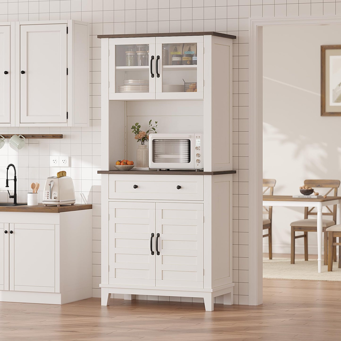 Garvee 72 in Tall Kitchen Pantry Cabinet, Kitchen Hutch Bar Cabinet with Microwave Stand, Cupboard with Drawers Glass Doors for Dining Room, Living Room, White