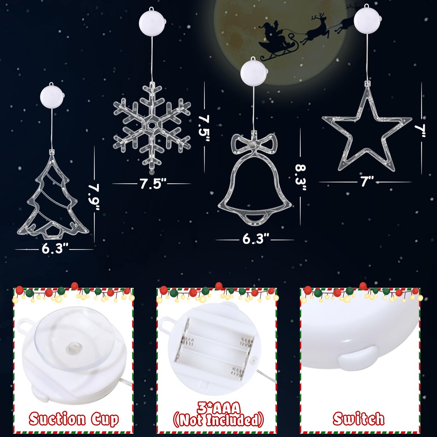 Waipfaru Christmas Window Lights - 4 PCS Multicolor with Timer, Suction Cup, Model ISL001-D