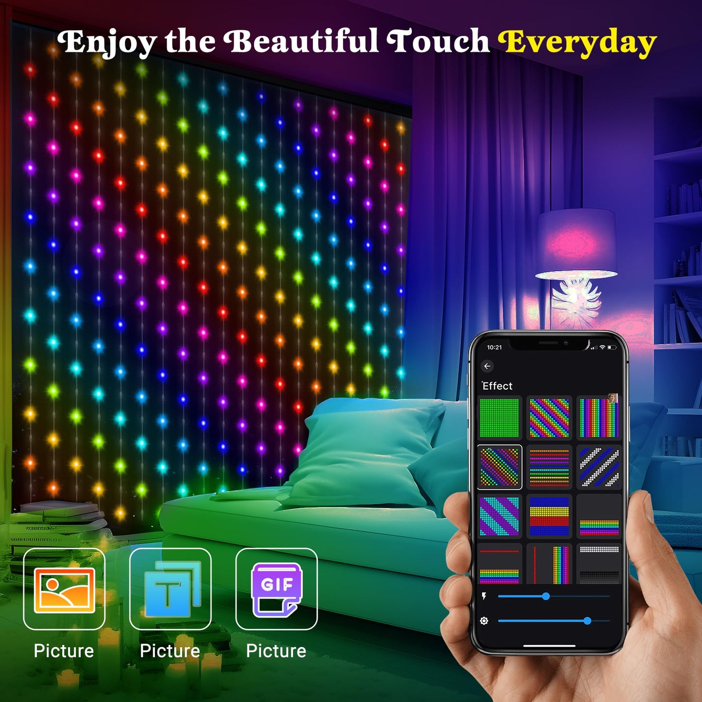 CoziTech Smart Curtain Lights, 400 LED RGB Fairy Light, 6.6x6.6 FT, Plastic, Multicolor, Model CT-RB0707-USB-ZN