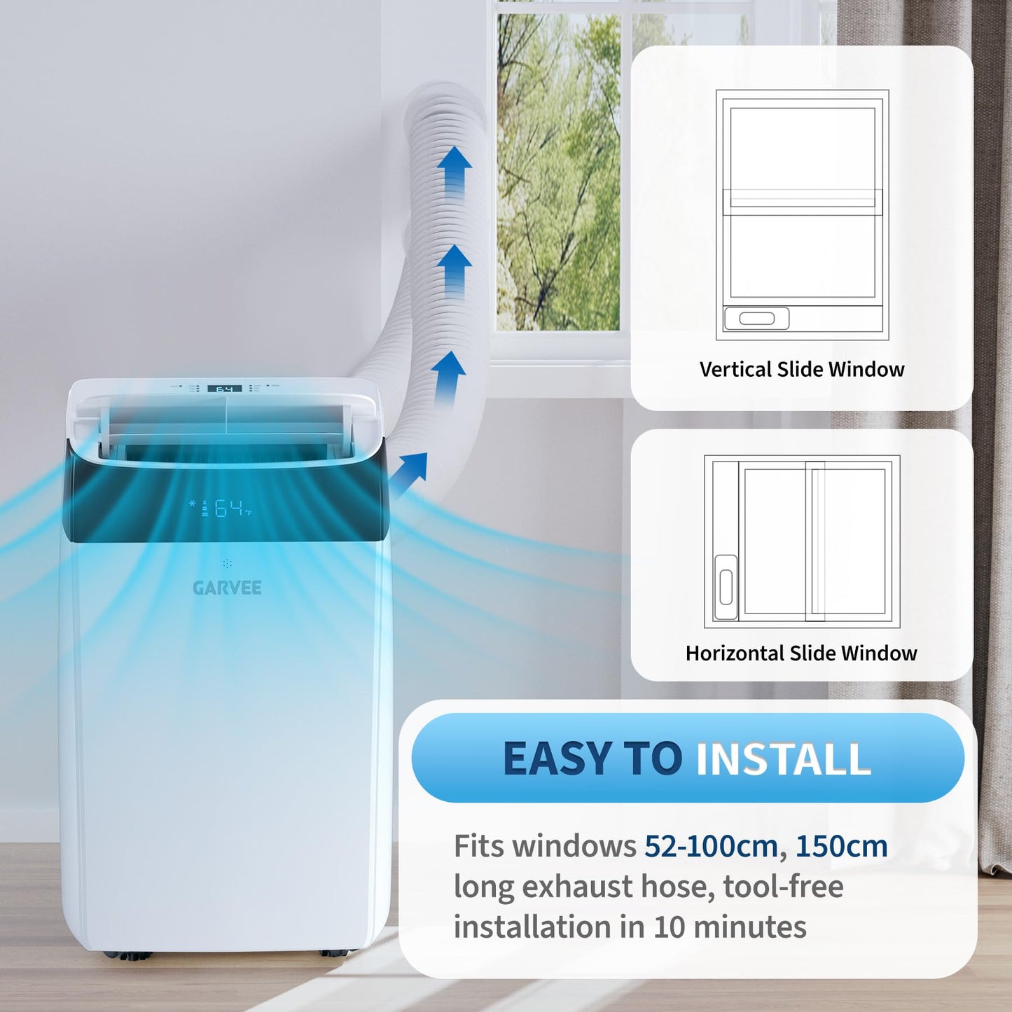 Garvee 14,000 BTU Inverter Portable Air Conditioner, Dual Hose with Heat Pump, Energy Efficient Smart AC Unit for Rooms Up to 700 sq.ft, Quiet Cooling & Dehumidifier with Remote